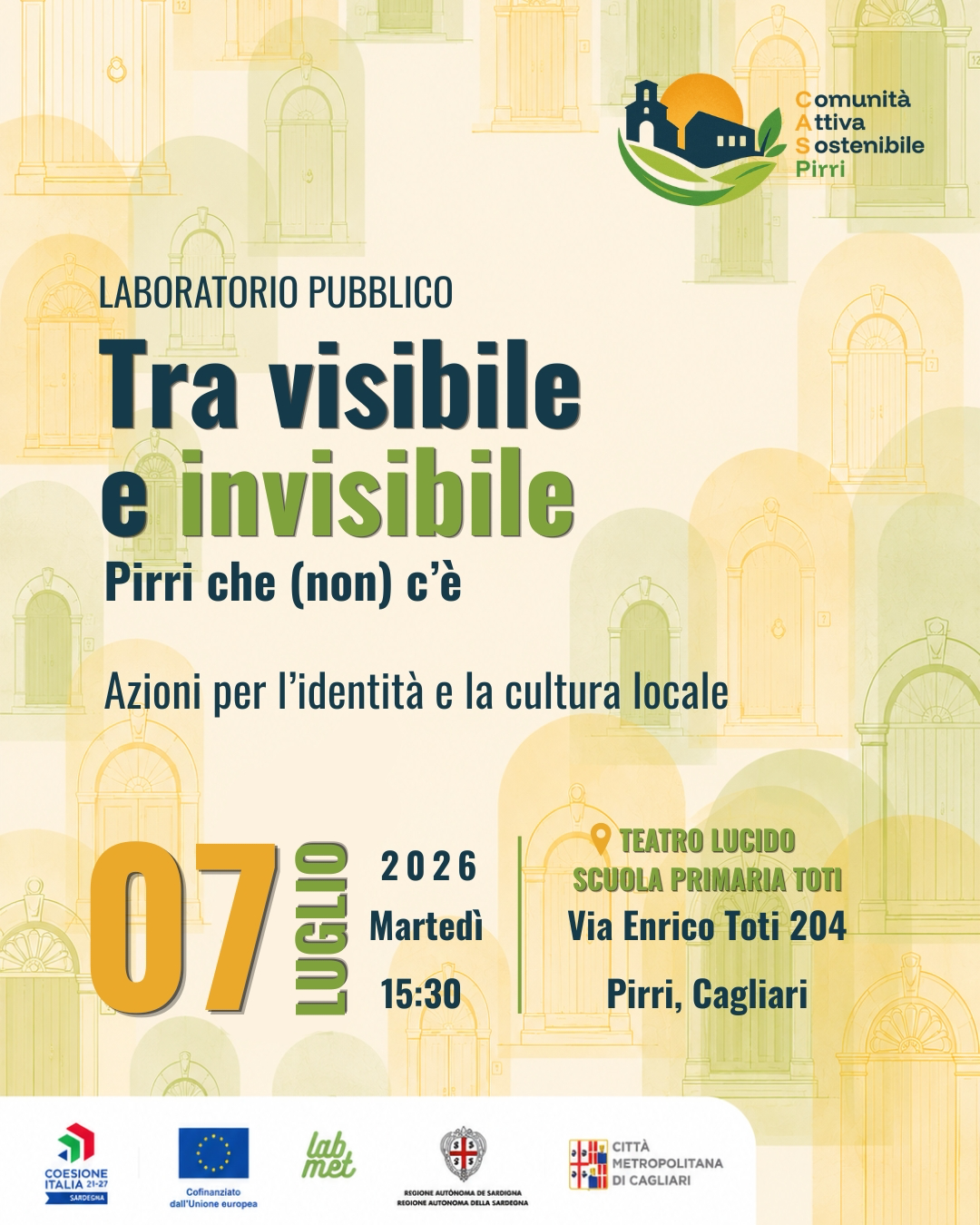 Locandina Laboratorio pubblico "Tra Visibile ed Invisibile - Pirri che (non) c&rsquo;&egrave;  Azioni per l&rsquo;identit&agrave; e la cultura locale"